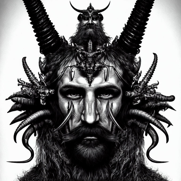 Monochrome artwork of fantastical creature with horns, beard, and intricate ornaments