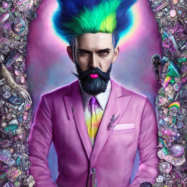 Colorful portrait of a man with mohawk and pink suit in cosmic setting.