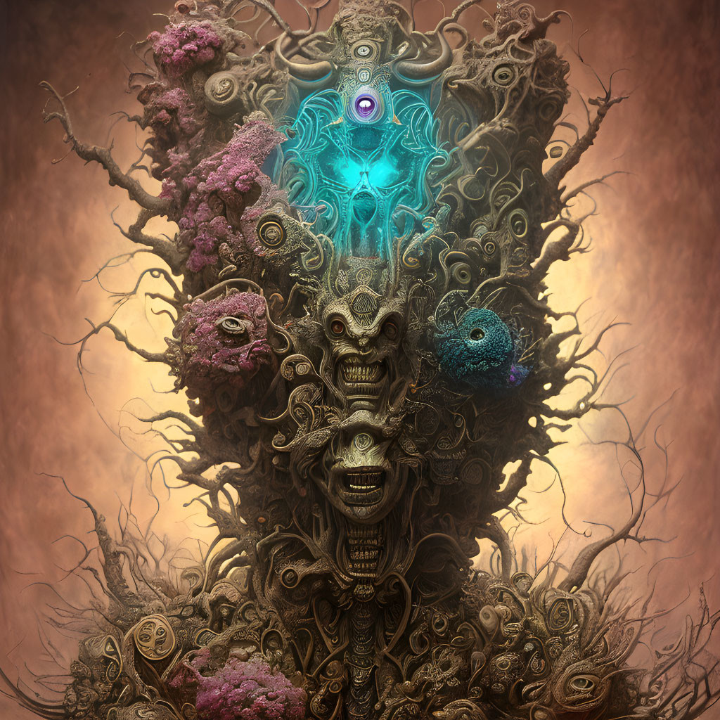 Surreal Artwork: Totem-like Structure with Branches, Skulls, and Teal