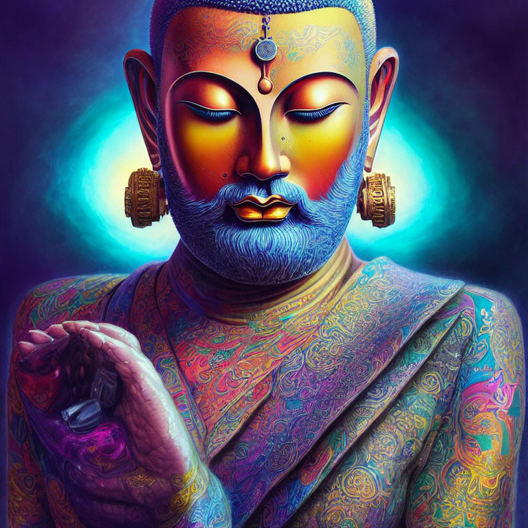 Colorful Buddha Figure Meditating on Purple Background