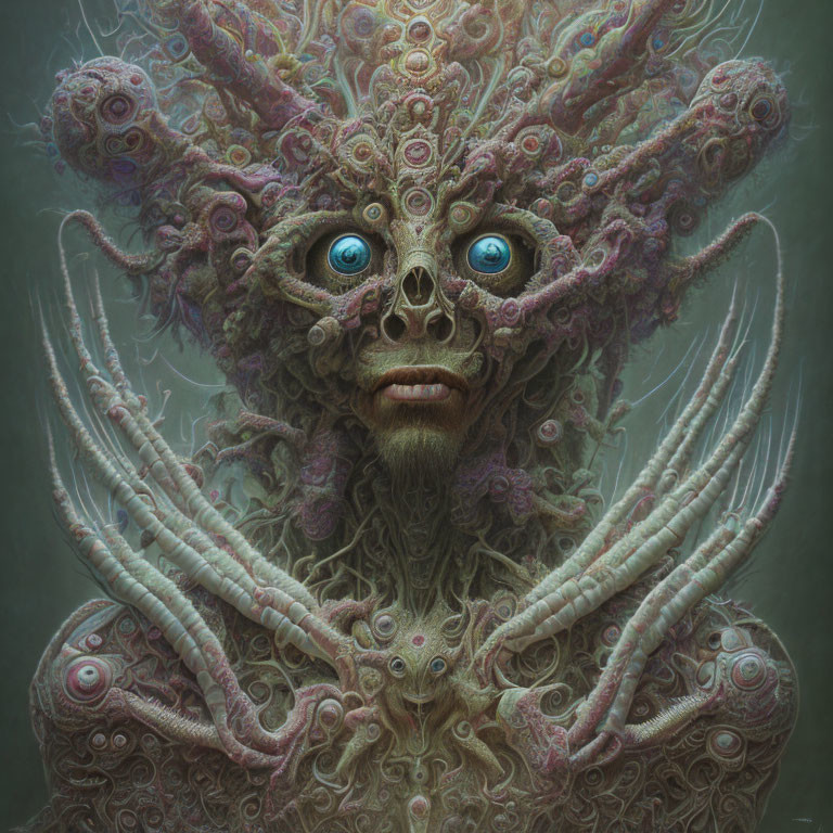 Blue-eyed fantastical creature with coral-like structures and circular patterns.