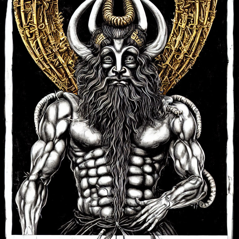 Muscular, Bearded Figure with Horns and Long Beard on Black Background with Golden Patterns