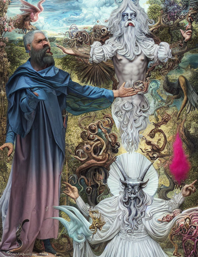 Surreal painting with imposing bearded man and fantastical creatures