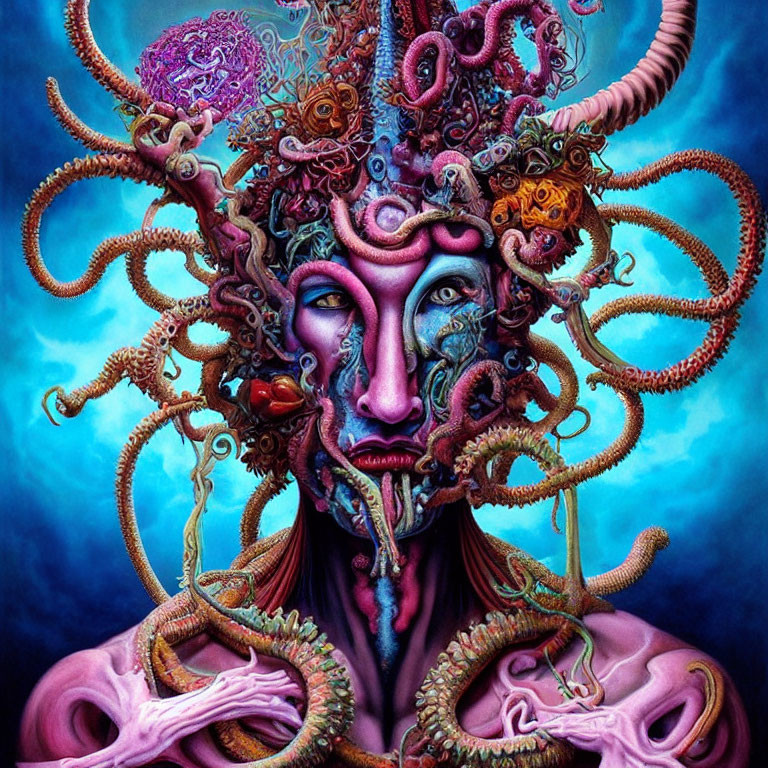 Colorful Psychedelic Portrait with Octopus Tentacles and Detailed Textures