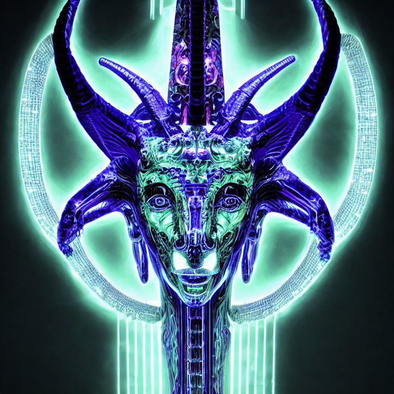 Neon-lit stylized goat's head with intricate designs on glowing backdrop