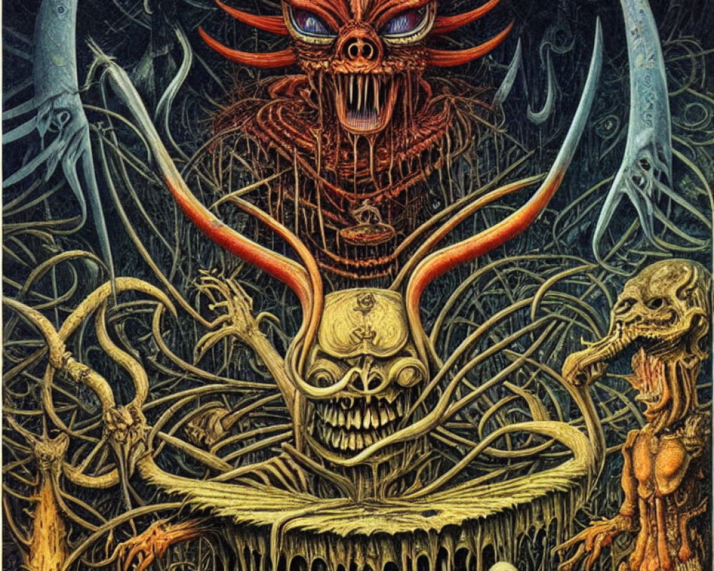 Dark surreal artwork: Layered monstrous faces, skeletal figures, and tentacle-like forms.