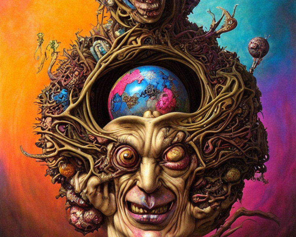 Distorted face with surreal elements and colorful orb surrounded by grotesque forms