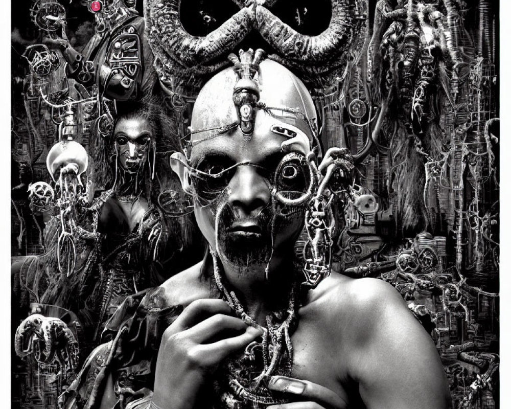 Monochrome image of person with tribal face paint and futuristic headgear surrounded by mystical and mechanical objects