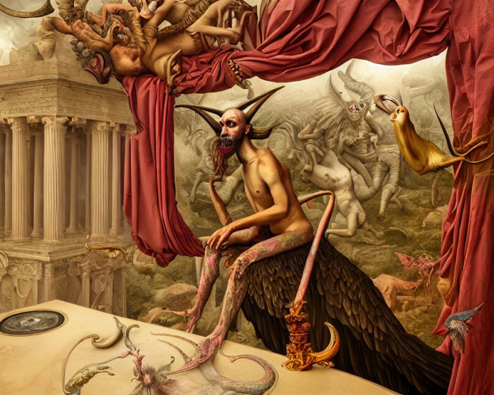 Surreal painting of satyr-like figure in chaotic fantasy world