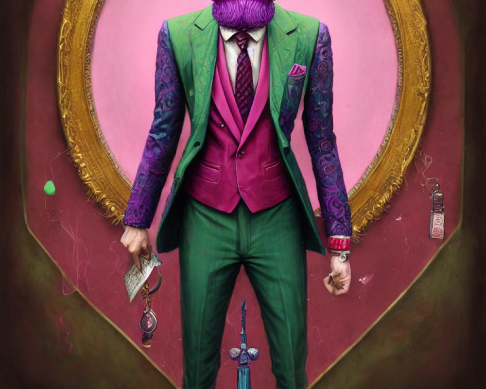 Fashionable man with pink beard in green suit and pink waistcoat holding keys on pink background