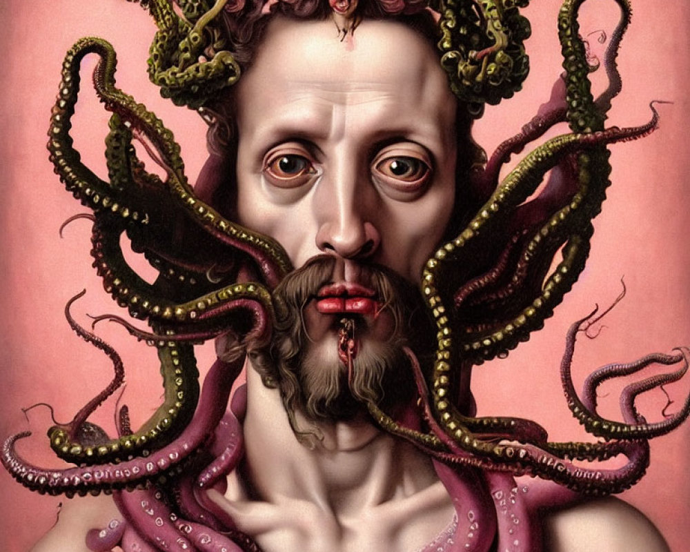 Surreal portrait: man's face with octopus tentacles, small figure on forehead, pink