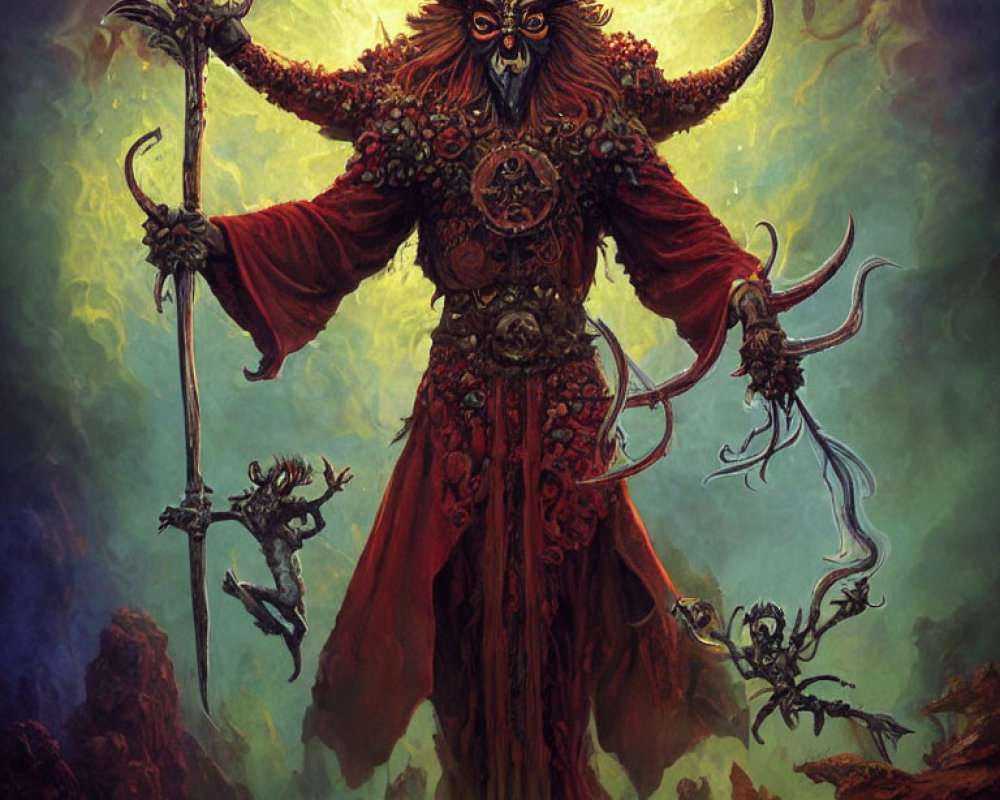 Sinister horned demon in red armor with spear in rocky landscape