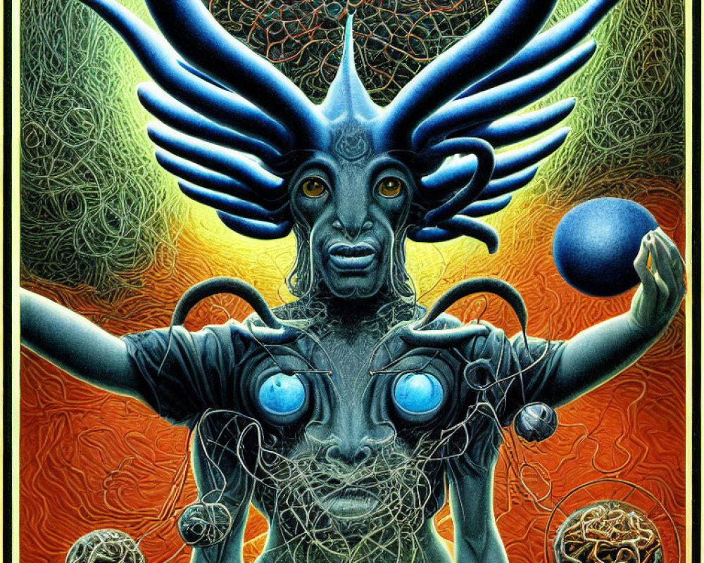 Colorful surreal humanoid figure with antlers, wings, and multiple eyes in intricate artwork.