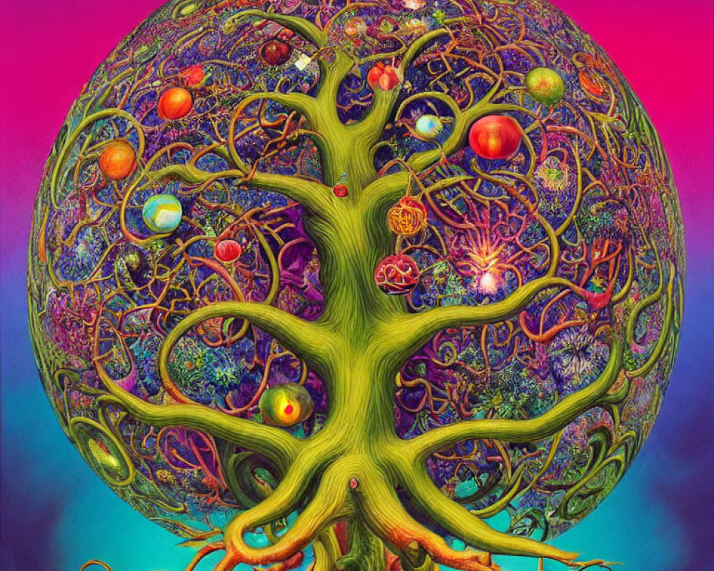 Colorful spherical tree artwork with intricate branches on psychedelic background