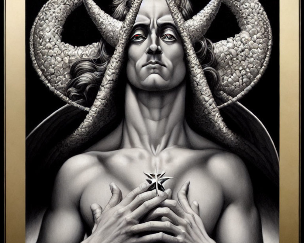 Monochrome artwork of character with horns, halo, star, snakes, and flowing hair