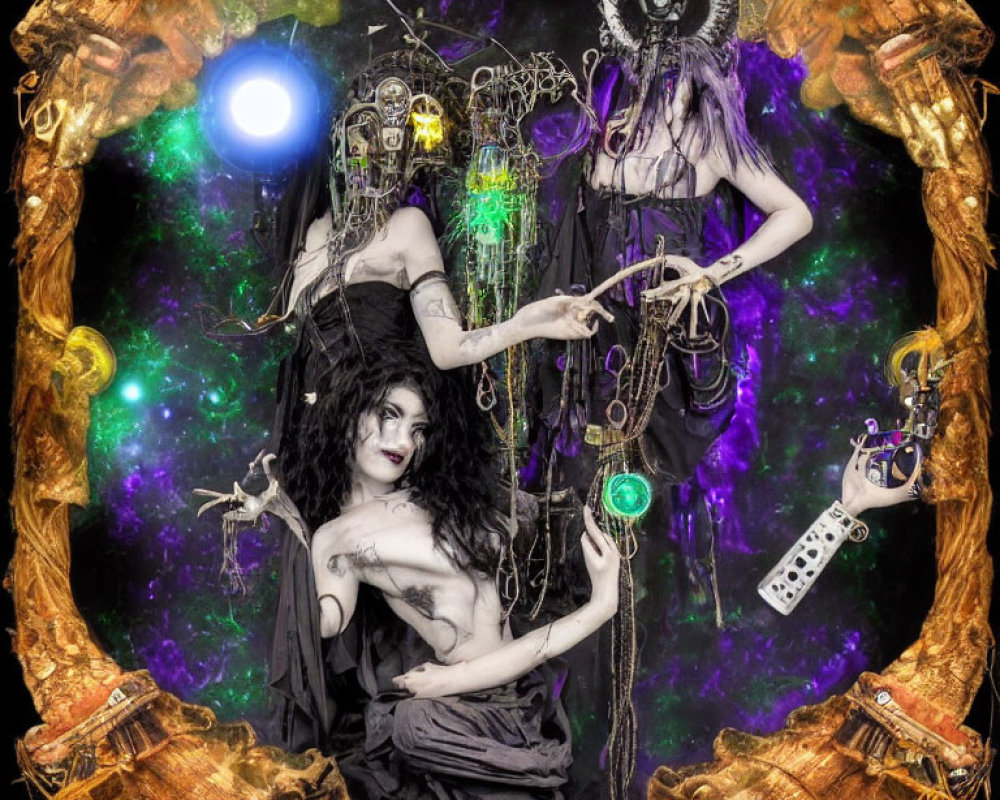 Gothic figures in elaborate costumes and makeup amidst mystical artifacts and vibrant purple hues.