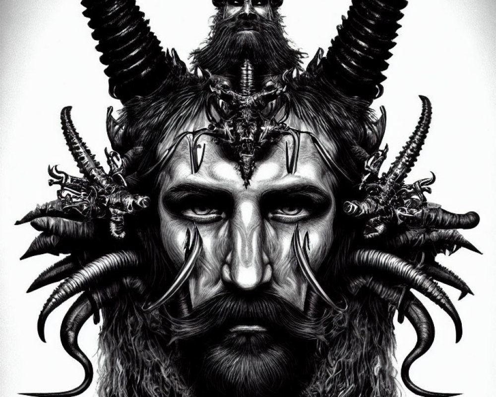 Monochrome artwork of fantastical creature with horns, beard, and intricate ornaments