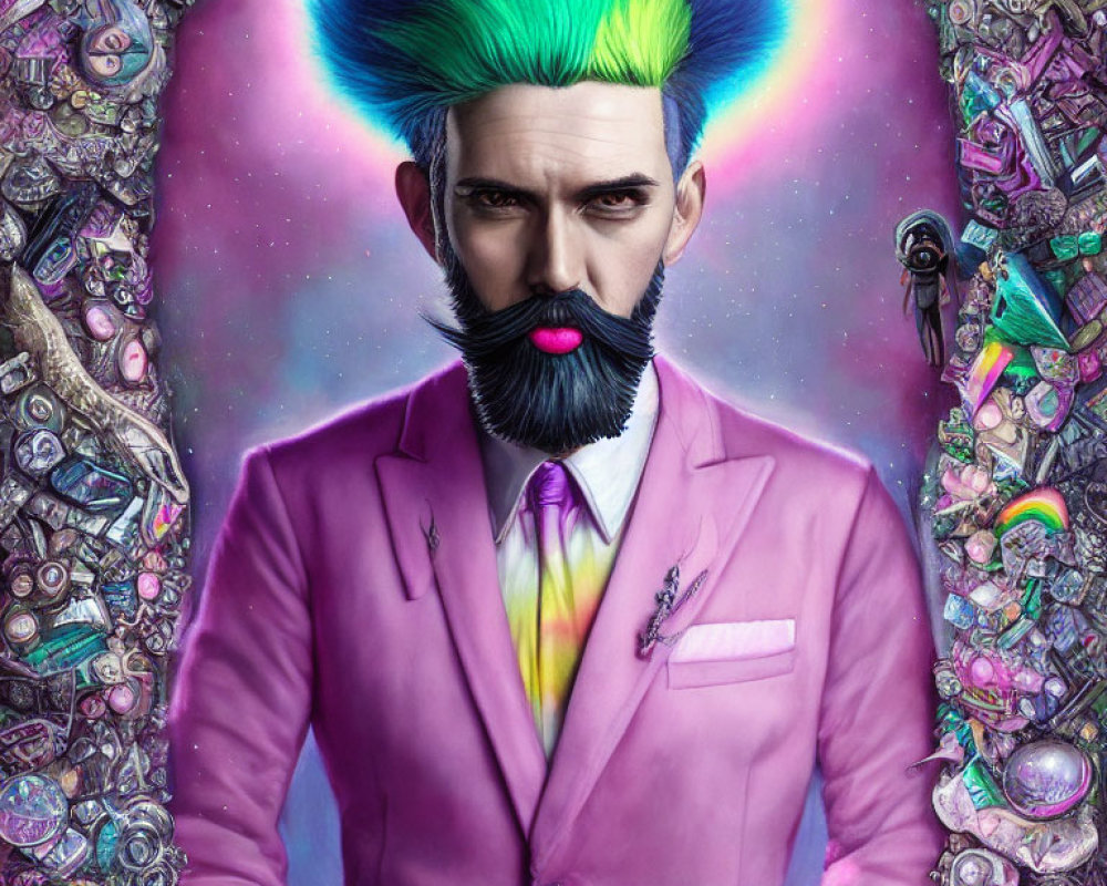 Colorful portrait of a man with mohawk and pink suit in cosmic setting.