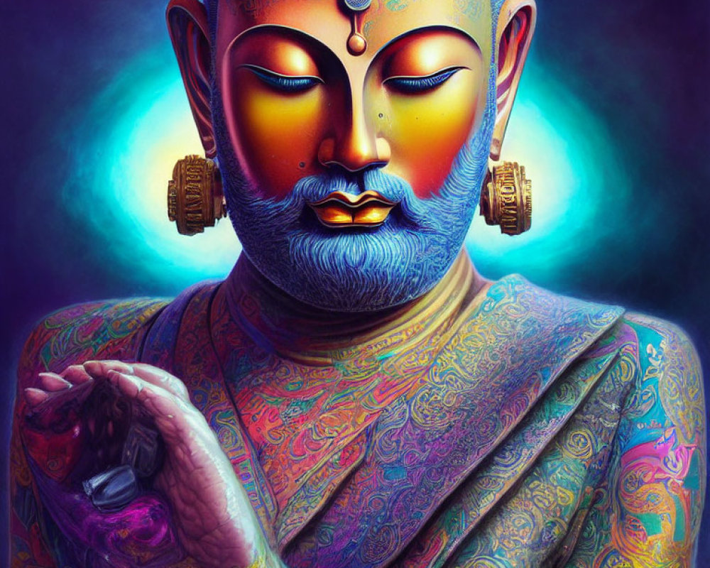 Colorful Buddha Figure Meditating on Purple Background