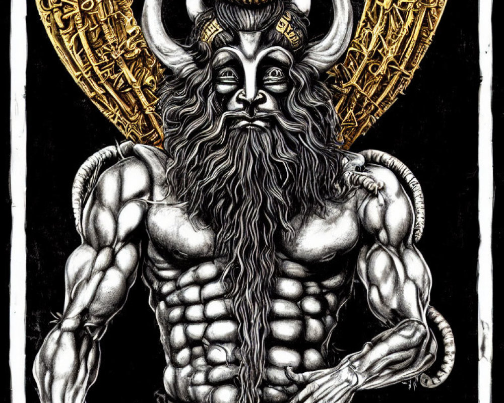 Muscular, Bearded Figure with Horns and Long Beard on Black Background with Golden Patterns