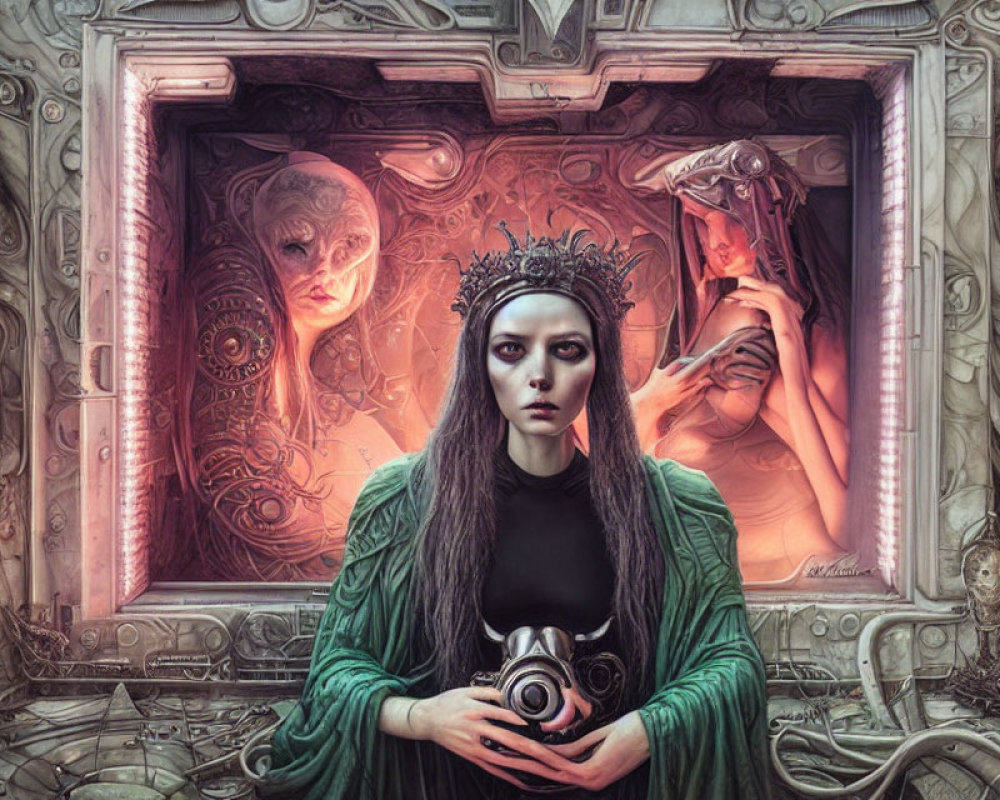 Fantastical portrait of woman with crown and camera surrounded by surreal figures and intricate designs