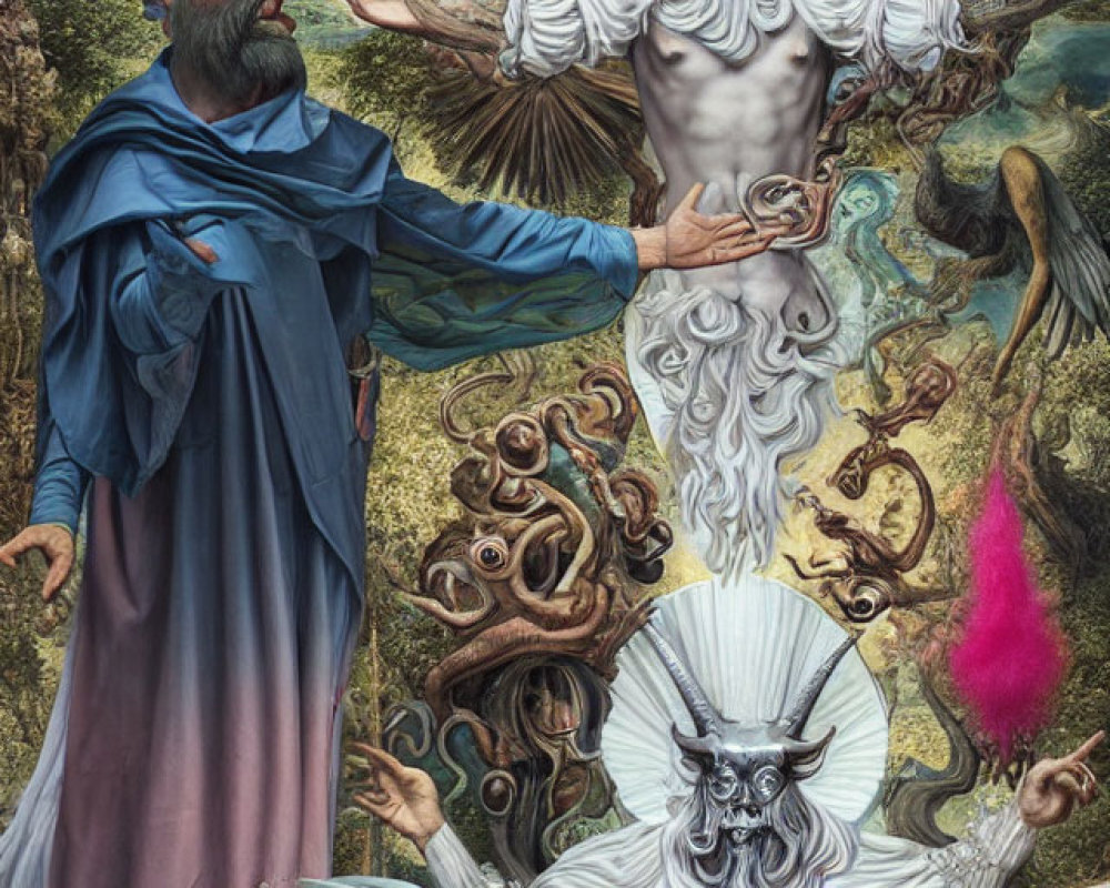 Surreal painting with imposing bearded man and fantastical creatures