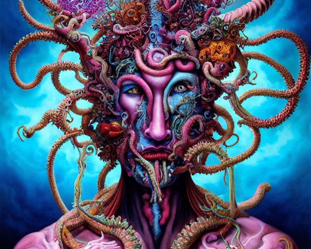 Colorful Psychedelic Portrait with Octopus Tentacles and Detailed Textures