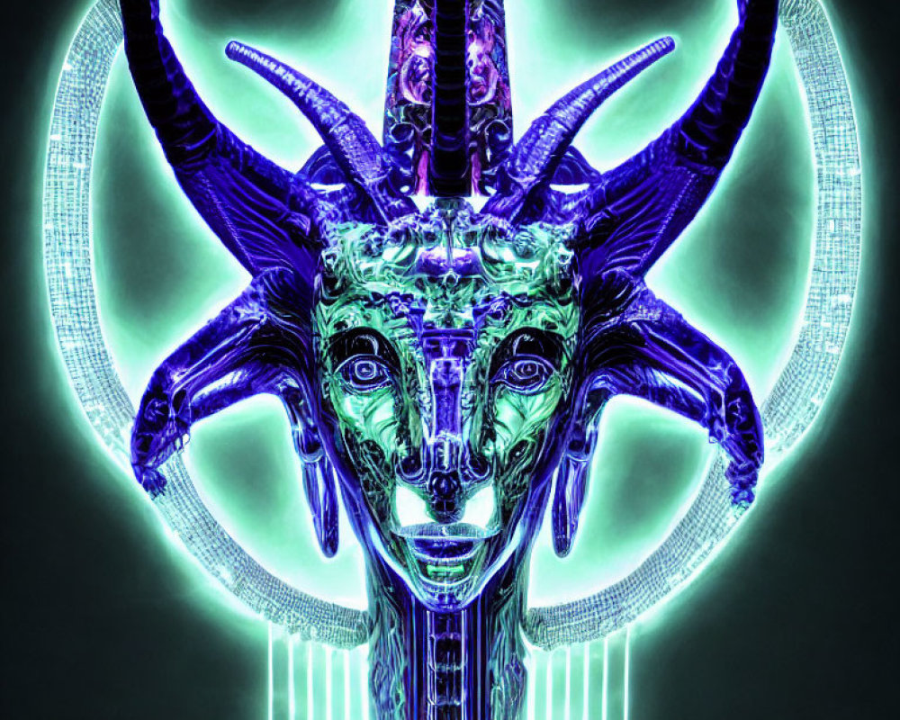 Neon-lit stylized goat's head with intricate designs on glowing backdrop