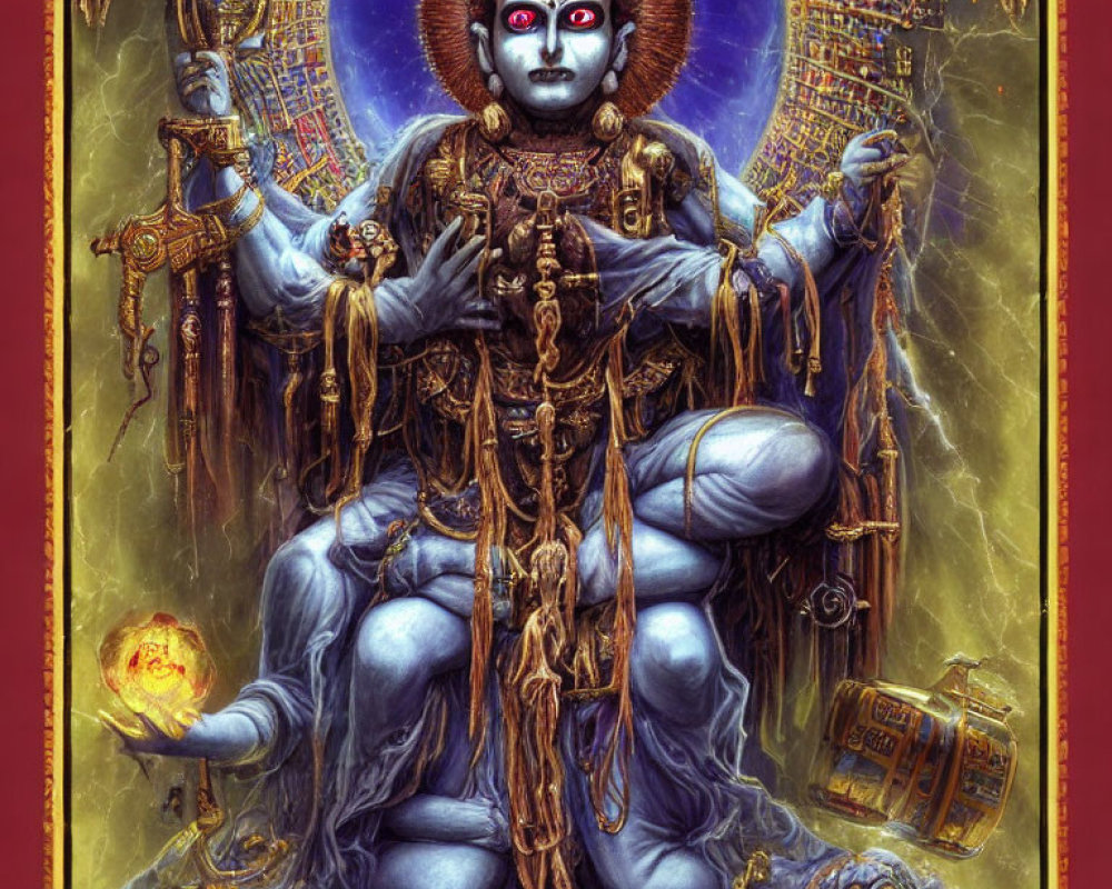 Blue-skinned multi-armed figure surrounded by golden symbols and holding objects