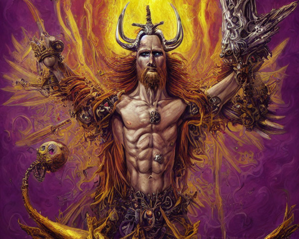 Muscular multi-armed character with fiery aura and mystical weapons on purple background