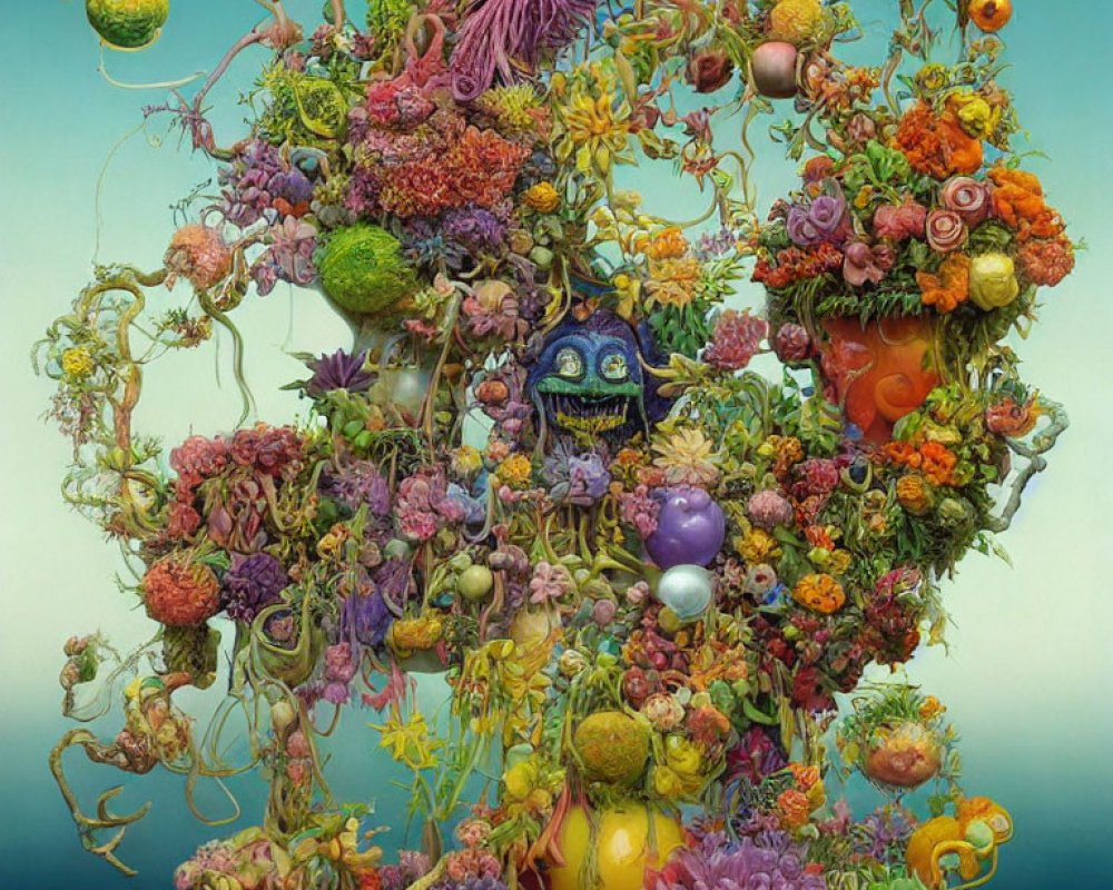 Colorful surreal garden with flowers, fruits, vines, and whimsical creature