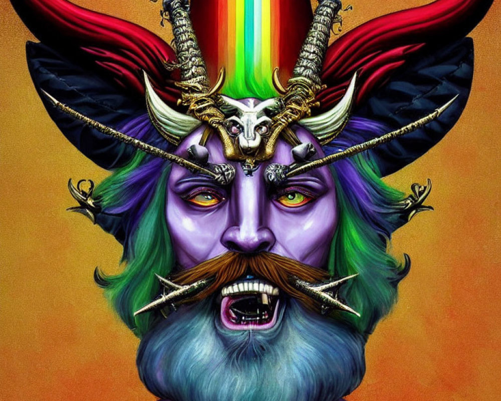 Colorful fantasy character with multicolored beard, horns, and rainbow headdress.