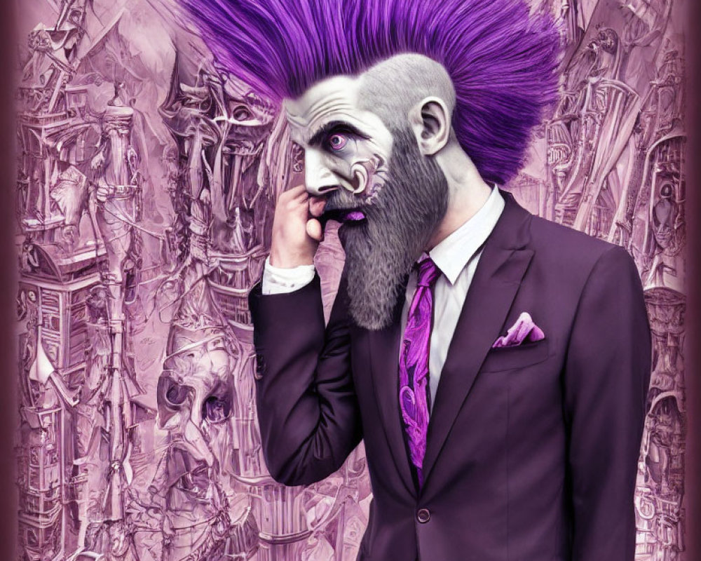 Man with Purple Hair and Beard in Suit on Pink Background