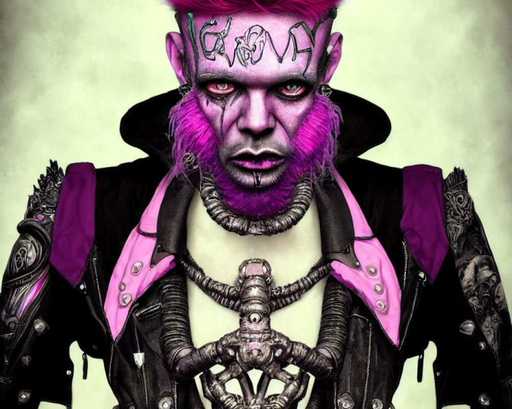 Purple-haired person with symbol on forehead in punk/gothic style