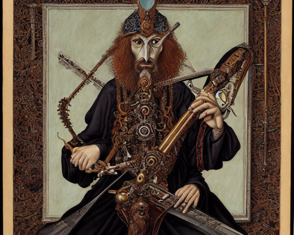 Intricately illustrated figure with beard and ornate headpiece holding mechanical instrument surrounded by detailed borders