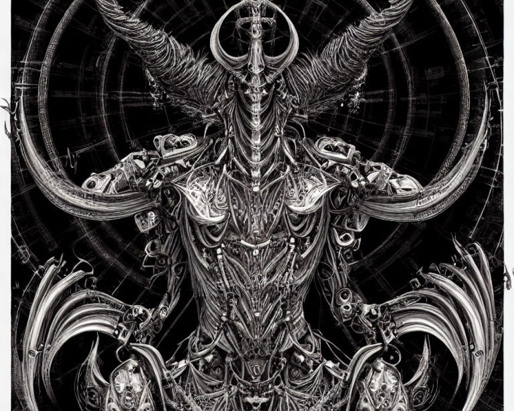 Monochrome symmetrical biomechanical figure with large horns in intricate artwork