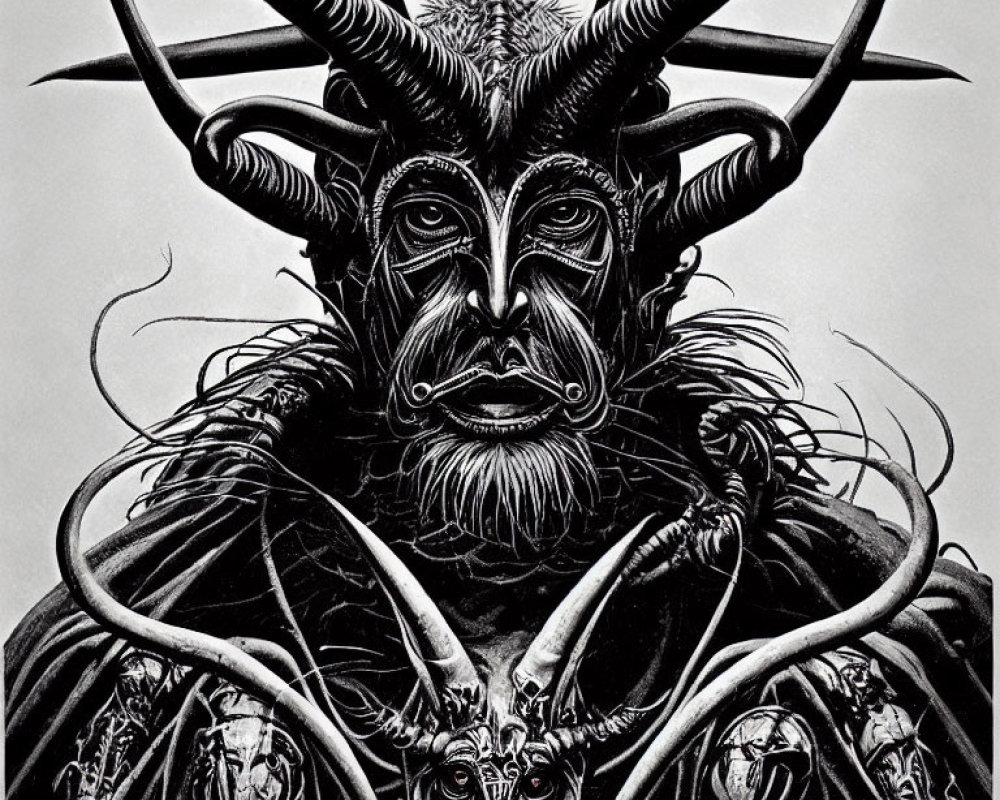 Detailed monochrome illustration of a menacing figure with horns, fur-trimmed cloak, and intricate patterns