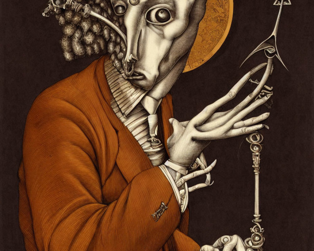 Anthropomorphic Goat-Headed Figure in Orange Jacket with Key and Moon Symbols