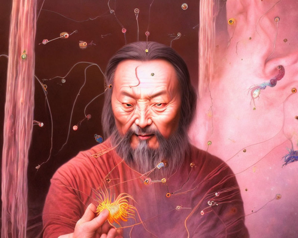 Surrealistic portrait of Asian man with wires and embryos on pink cosmic background