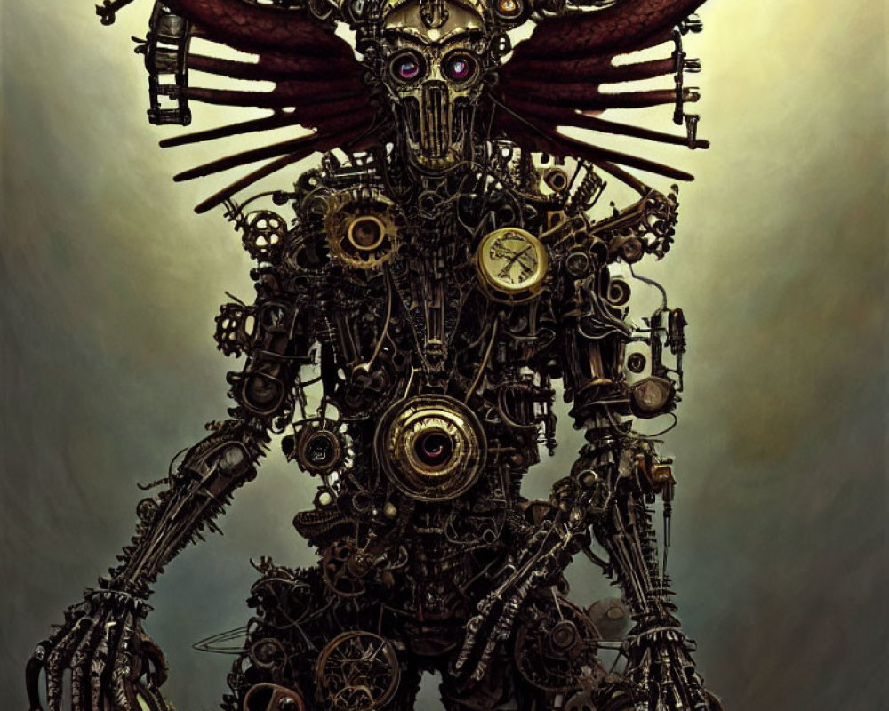 Steampunk robot with clock parts, gears, wings, and purple eyes on moody background