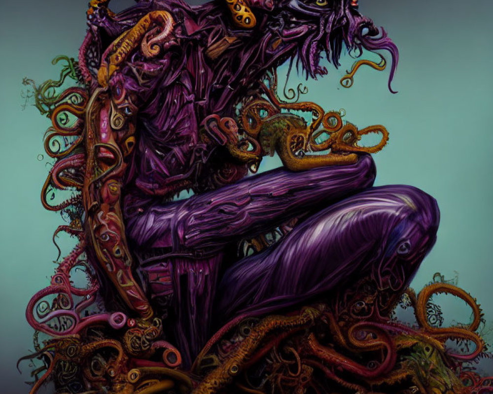 Purple-skinned creature with tentacles and horns in misty setting