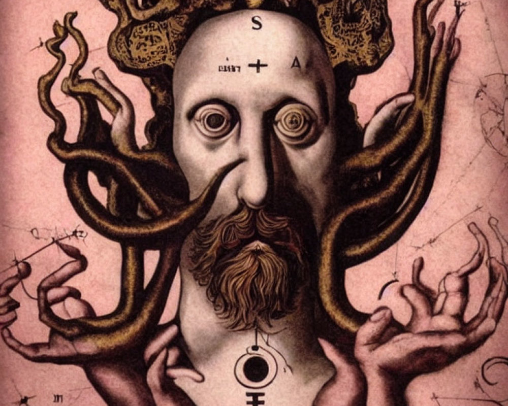 Surreal multi-eyed, bearded figure with tree branch-like appendages on pink background