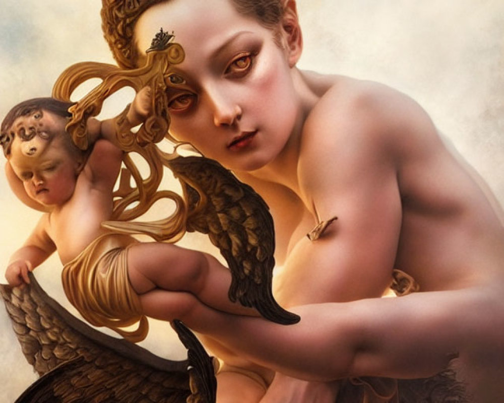 Surreal digital artwork featuring woman with intricate hair and cherub in classical painting style against cloudy backdrop