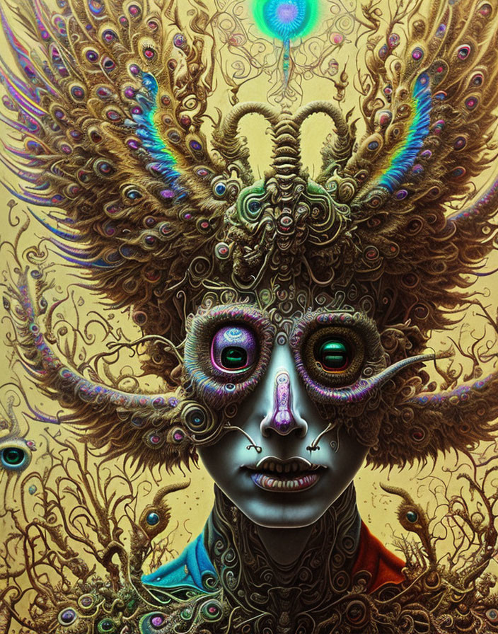 Surreal portrait of figure with peacock-like hair and third eye