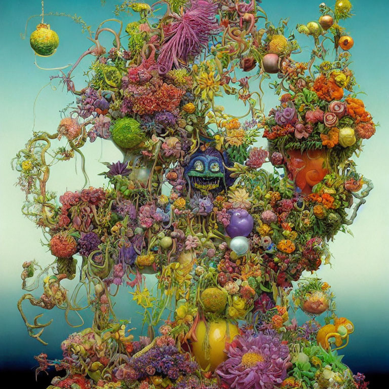 Colorful surreal garden with flowers, fruits, vines, and whimsical creature