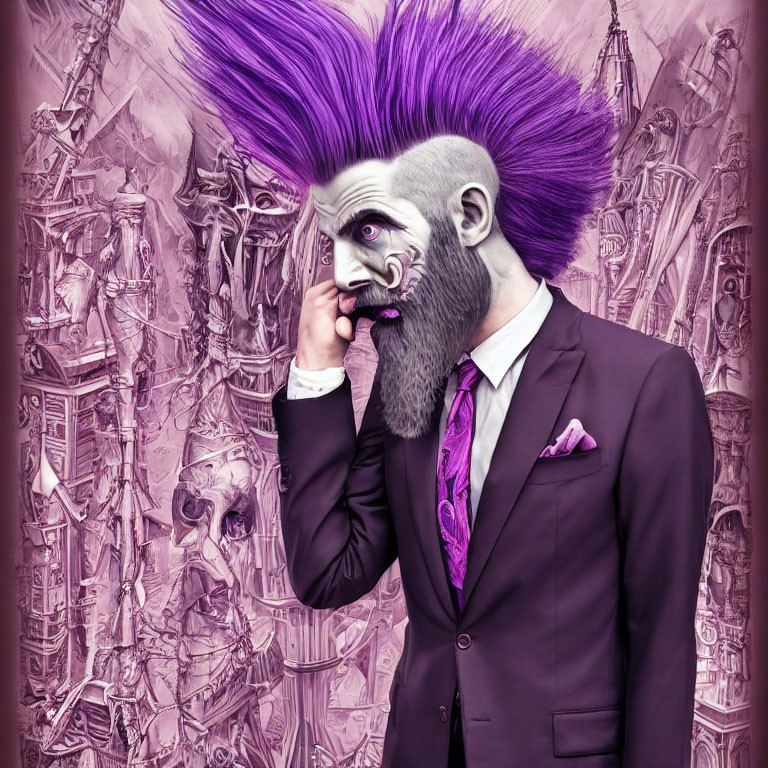 Man with Purple Hair and Beard in Suit on Pink Background