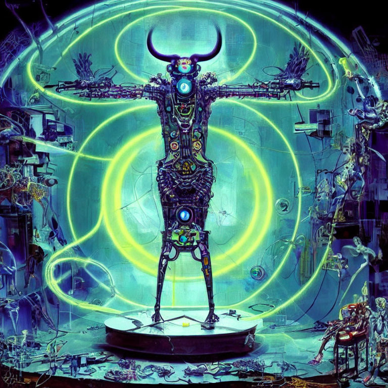 Futuristic humanoid robot with bull's head in glowing circular setting surrounded by machinery