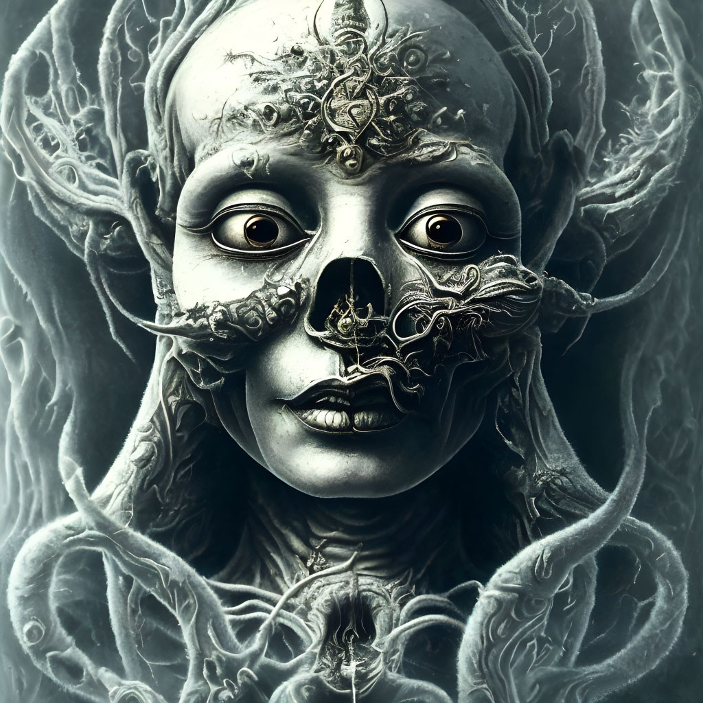 Monochromatic portrait featuring skull-like facial decorations and intricate filigree patterns