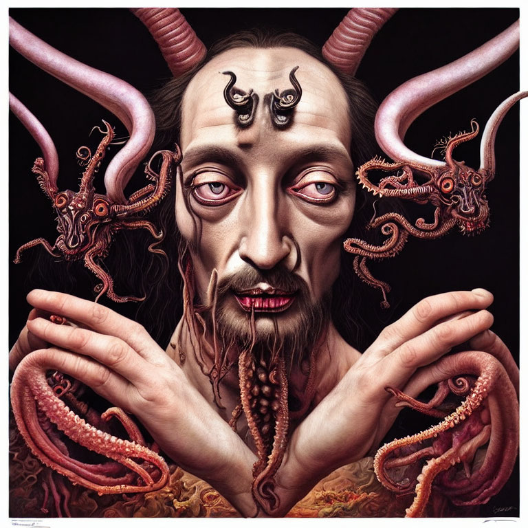 Surreal artwork: Person with serene expression, flanked by horned creatures with tentacles on