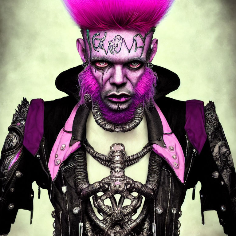 Purple-haired person with symbol on forehead in punk/gothic style